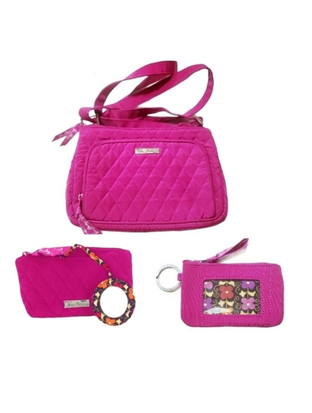 SET Vera Bradley Crossbody Bag All in One Cosmetic Pouch w Mirror ID Zip Pink
